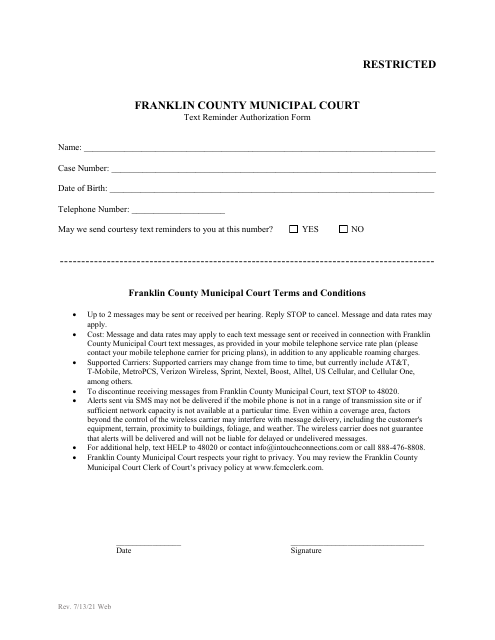 Text Reminder Authorization Form - Franklin County, Ohio Download Pdf