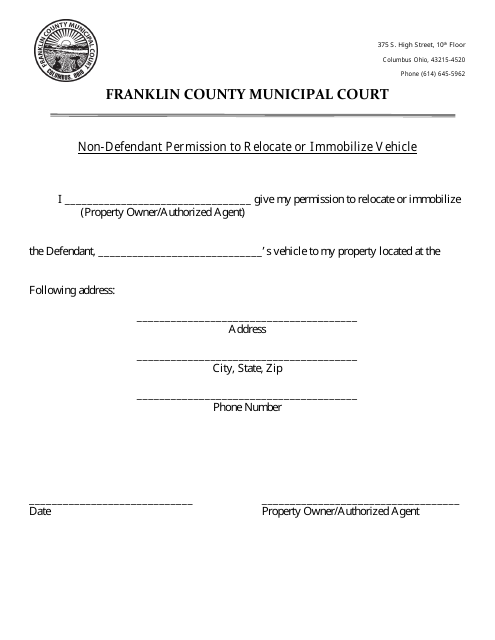 Non-defendant Permission to Relocate or Immobilize Vehicle - Franklin County, Ohio Download Pdf