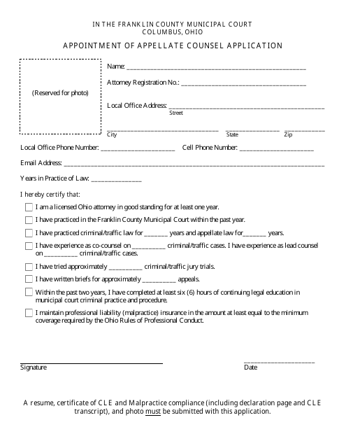 Appointment of Appellate Counsel Application - Franklin County, Ohio Download Pdf