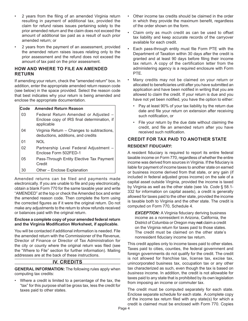 Instructions for Form 770 Virginia Fiduciary Income Tax Return - Virginia, Page 6
