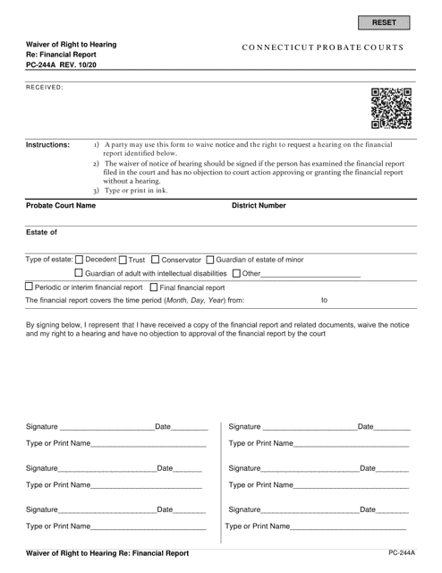 Form PC-244A Waiver of Right to Hearing Re: Financial Report - Connecticut