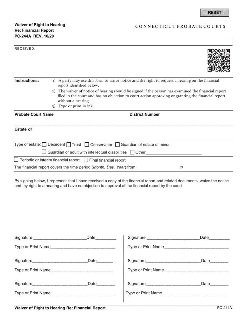 Form PC-244A Waiver of Right to Hearing Re: Financial Report - Connecticut, Page 1