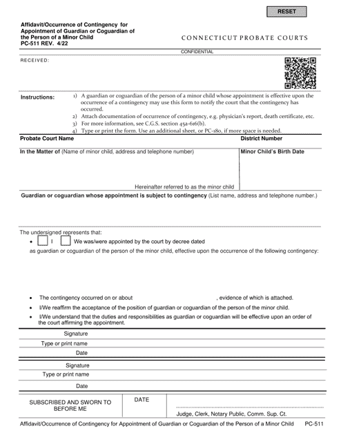 Form PC-511 Affidavit/Occurrence of Contingency for Appointment of Guardian or Coguardian of the Person of a Minor Child - Connecticut