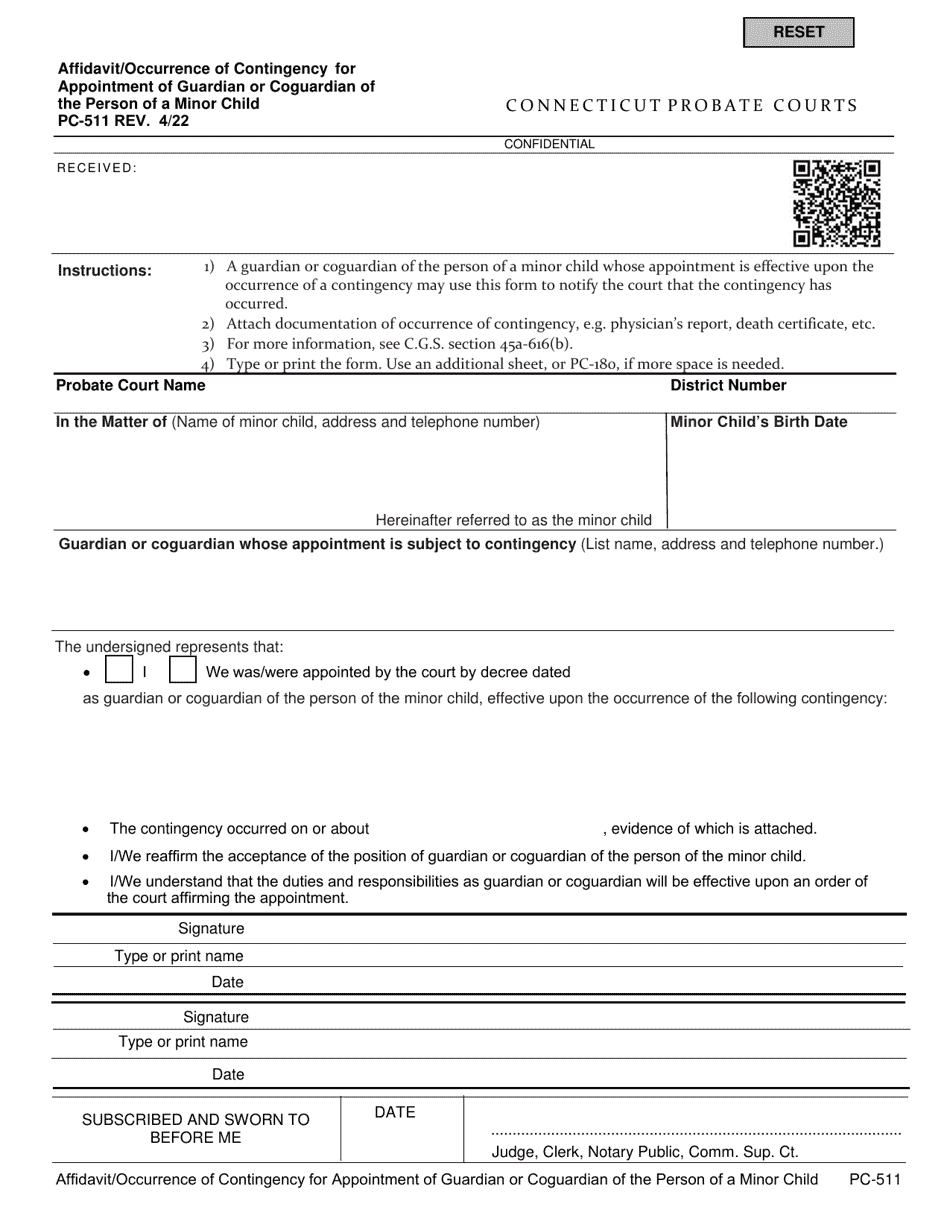 Form PC-511 Affidavit / Occurrence of Contingency for Appointment of Guardian or Coguardian of the Person of a Minor Child - Connecticut, Page 1