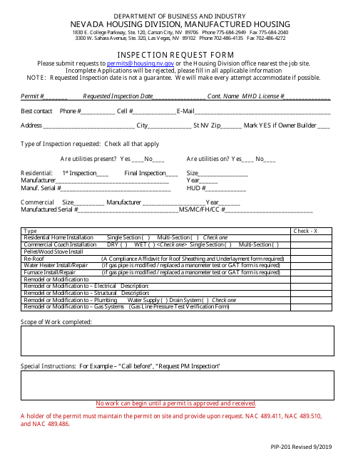 Form PIP-201 Inspection Request Form - Nevada