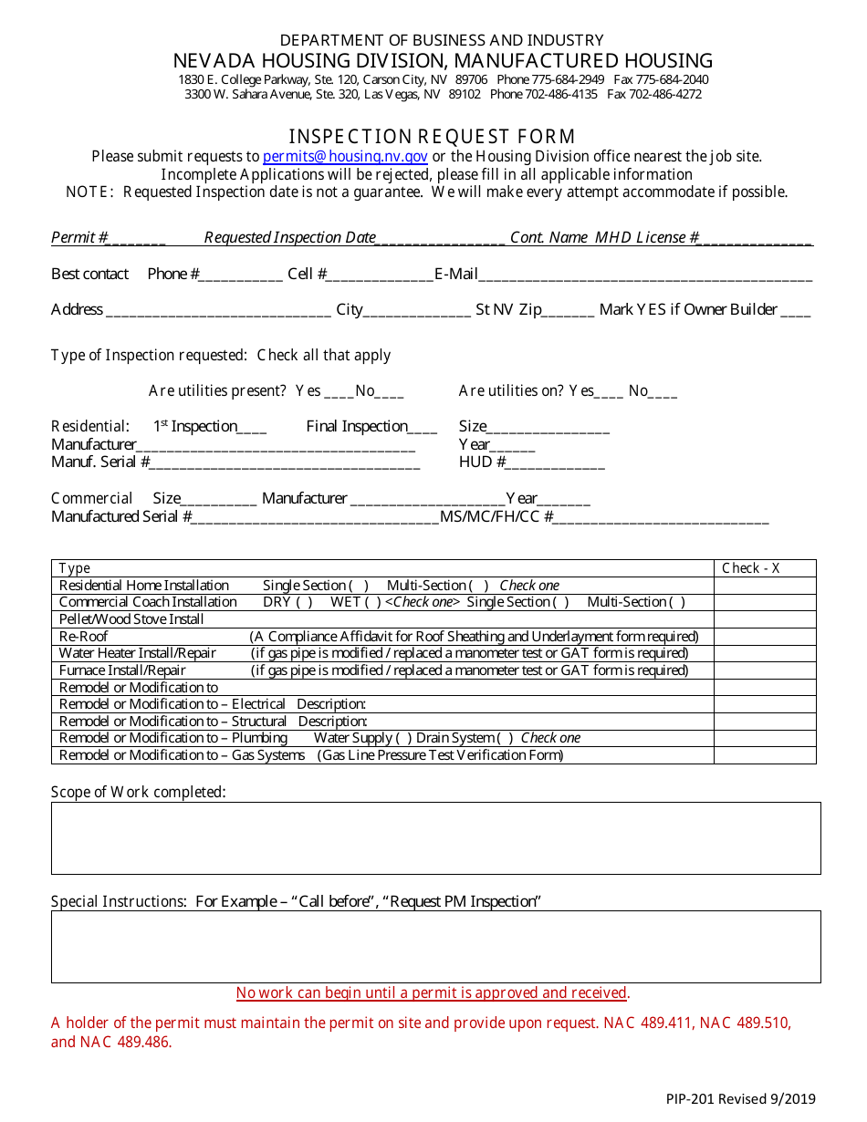 Form PIP-201 Inspection Request Form - Nevada, Page 1