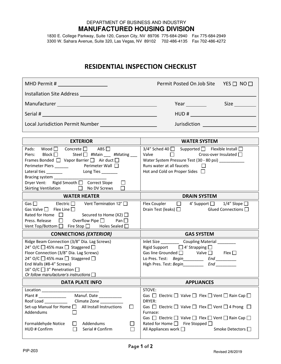 Form PIP-203 Residential Inspection Checklist - Nevada, Page 1