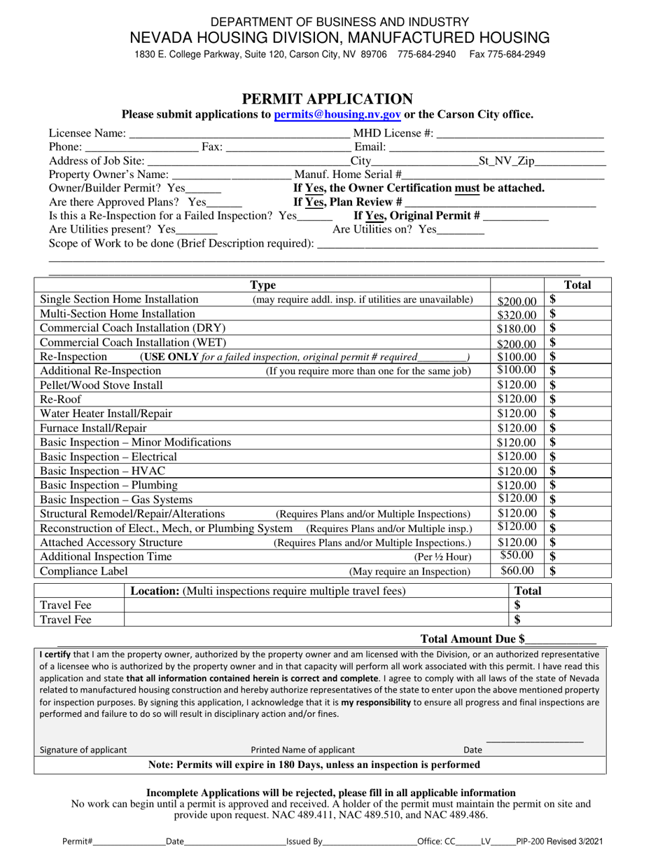 Form PIP-200 Permit Application - Nevada, Page 1