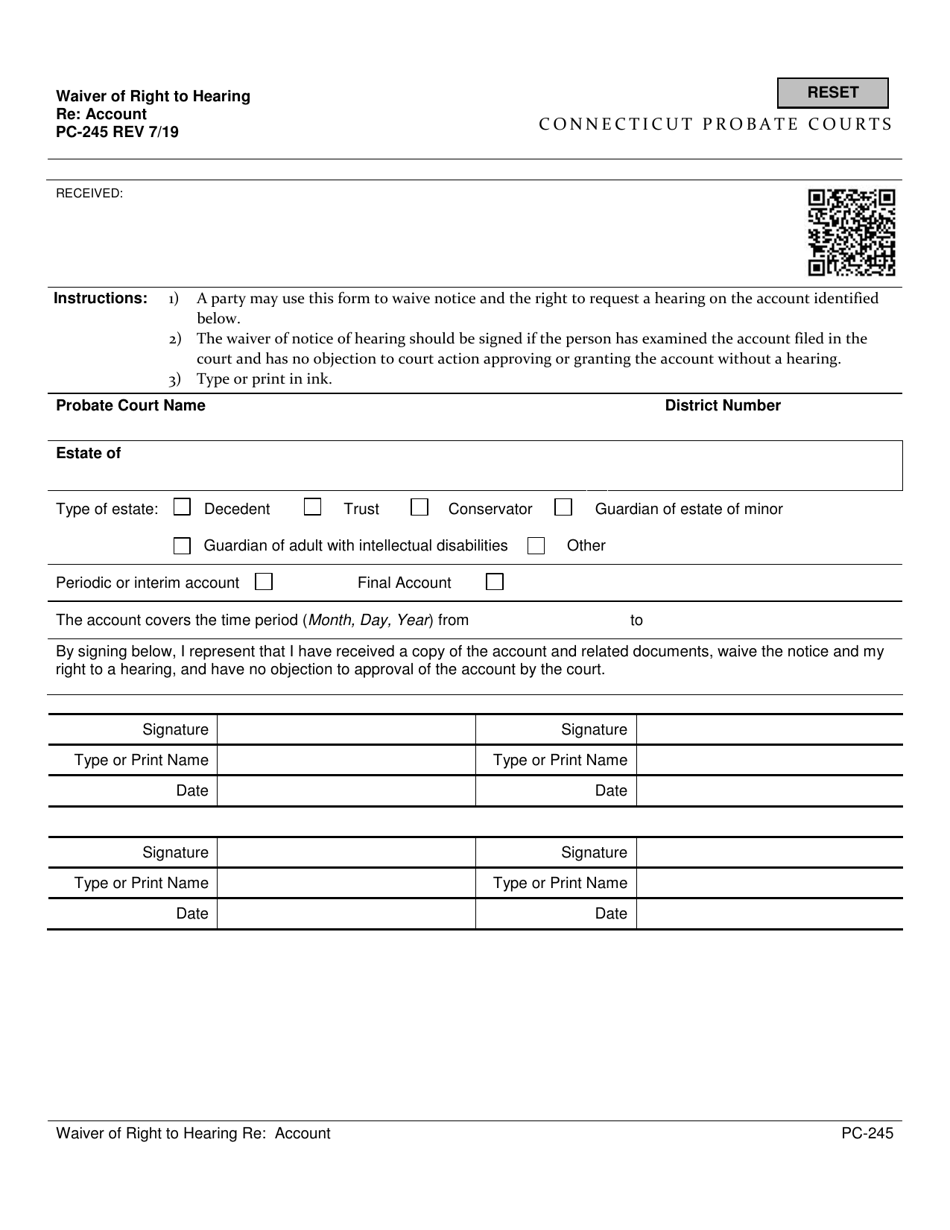 Form PC-245 Waiver of Right to Hearing Re: Account - Connecticut, Page 1