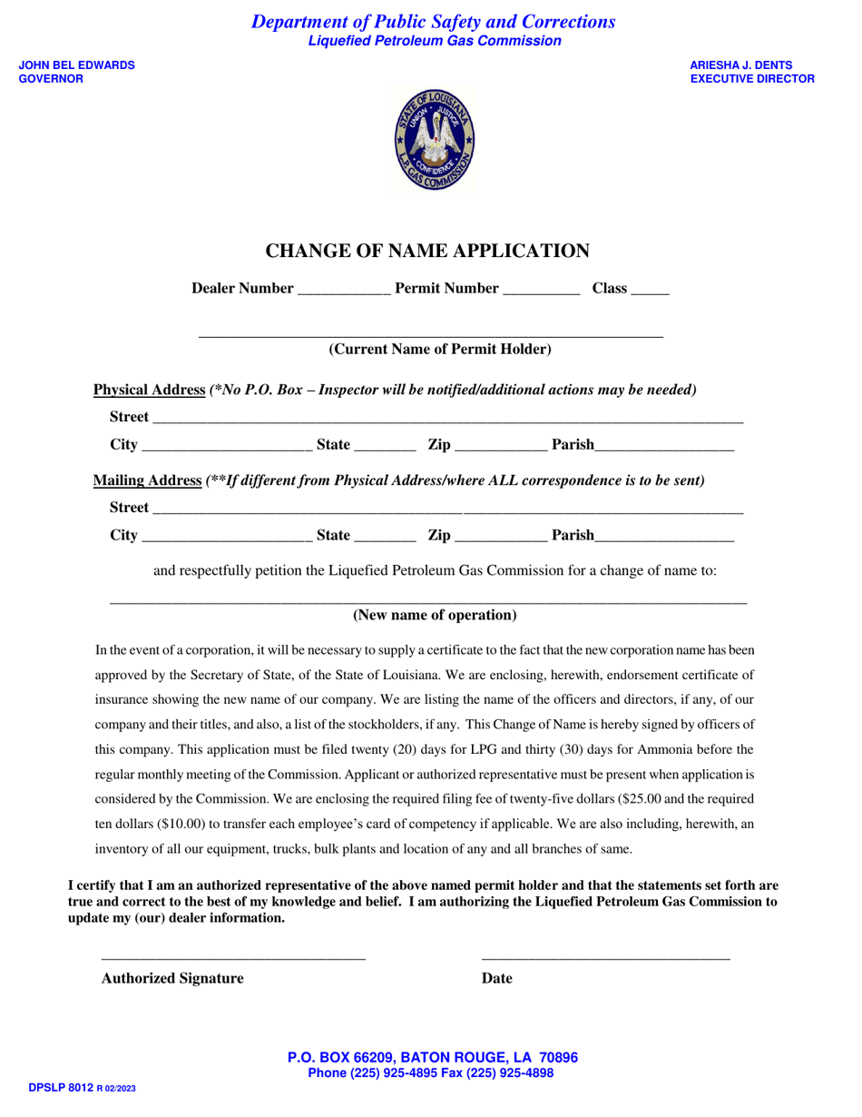 Form DPSLP8012 Change of Name Application - Louisiana, Page 1