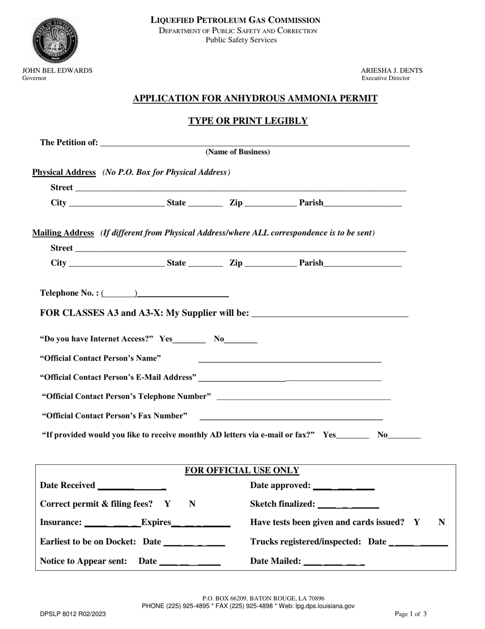 Form DPSLP8012 Application for Anhydrous Ammonia Permit - Louisiana, Page 1