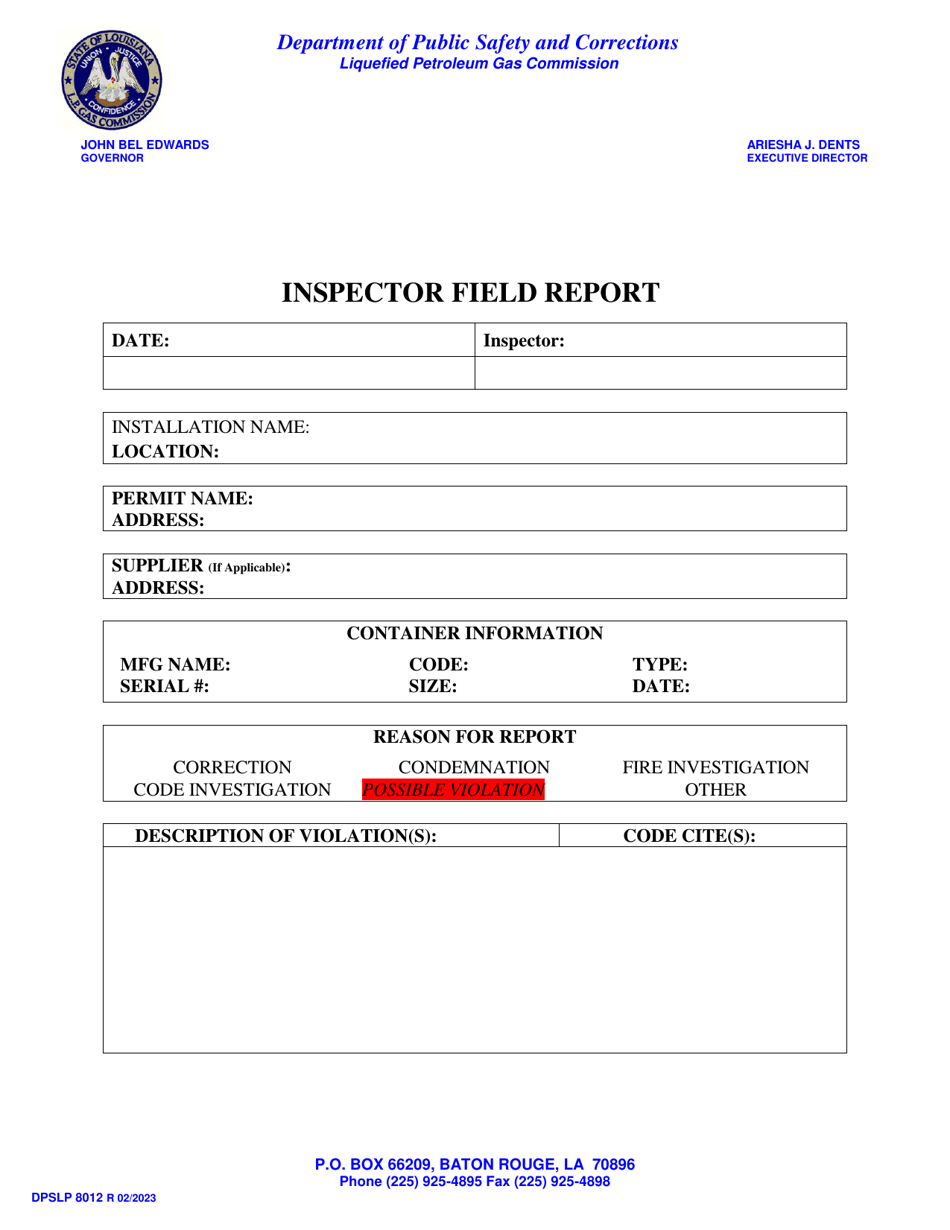 Form DPSLP8012 Inspector Field Report - Louisiana, Page 1