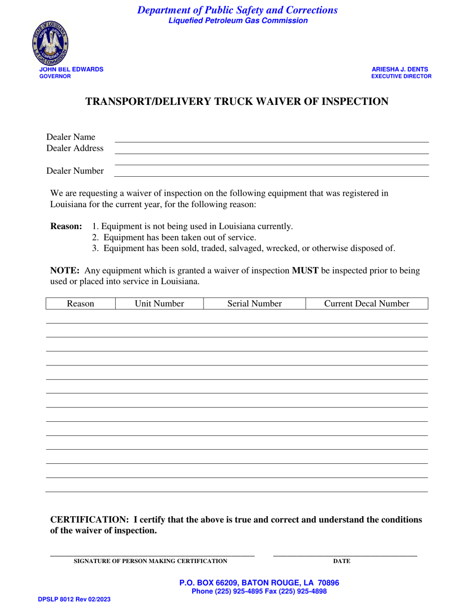 Form DPSLP8012 Transport / Delivery Truck Waiver of Inspection - Louisiana, Page 1