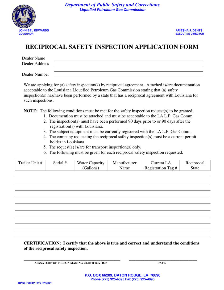 Form DPSLP8012 Reciprocal Safety Inspection Application Form - Louisiana, Page 1