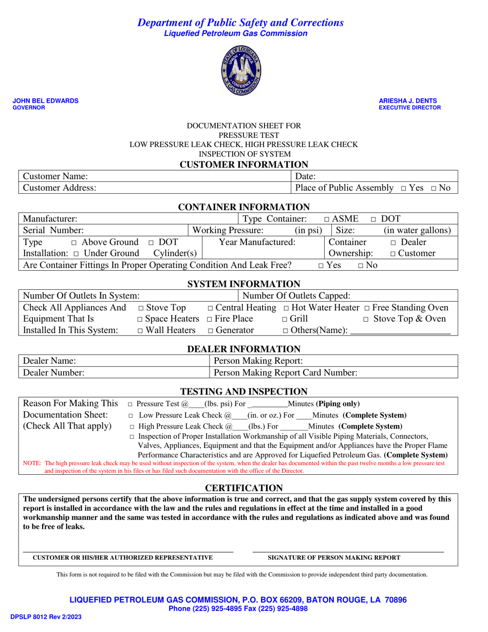 Form DPSLP8012 Documentation Sheet for Pressure Test Low Pressure Leak Check, High Pressure Leak Check Inspection of System - Louisiana, Page 1