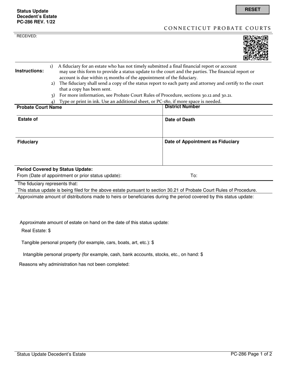 Form PC-286 Status Update Decedents Estate - Connecticut, Page 1