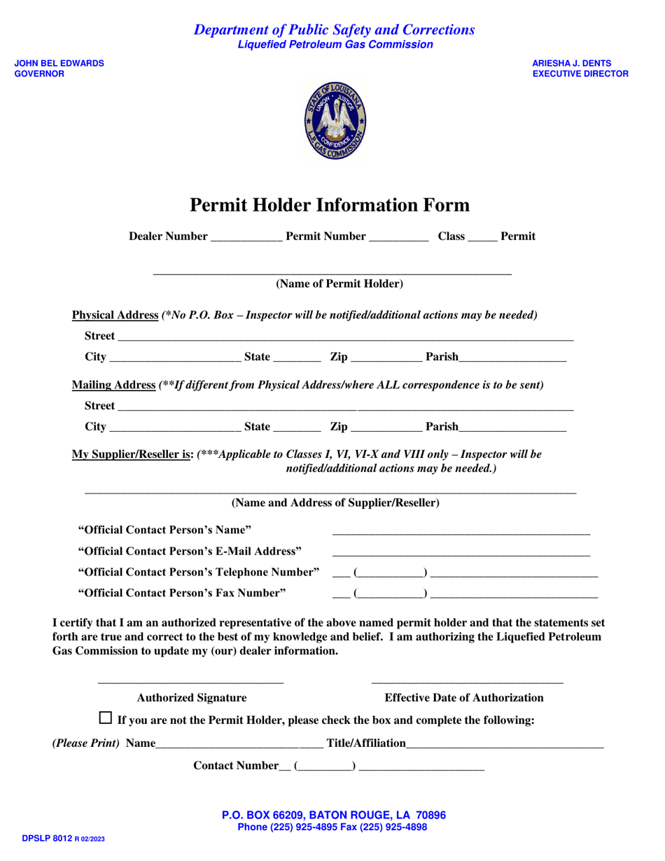 Form DPSLP8012 Permit Holder Information Form - Louisiana, Page 1