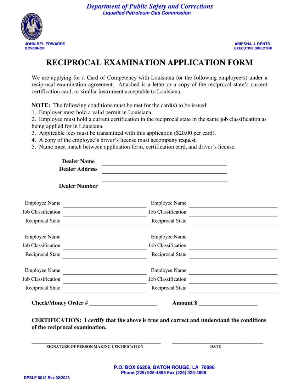 Form DPSLP8012 Reciprocal Examination Application Form - Louisiana, Page 1