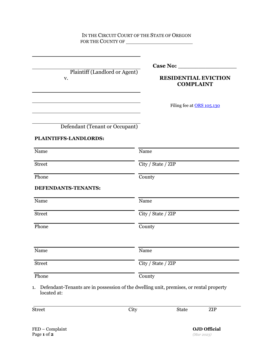 Residential Eviction Complaint - Oregon, Page 1