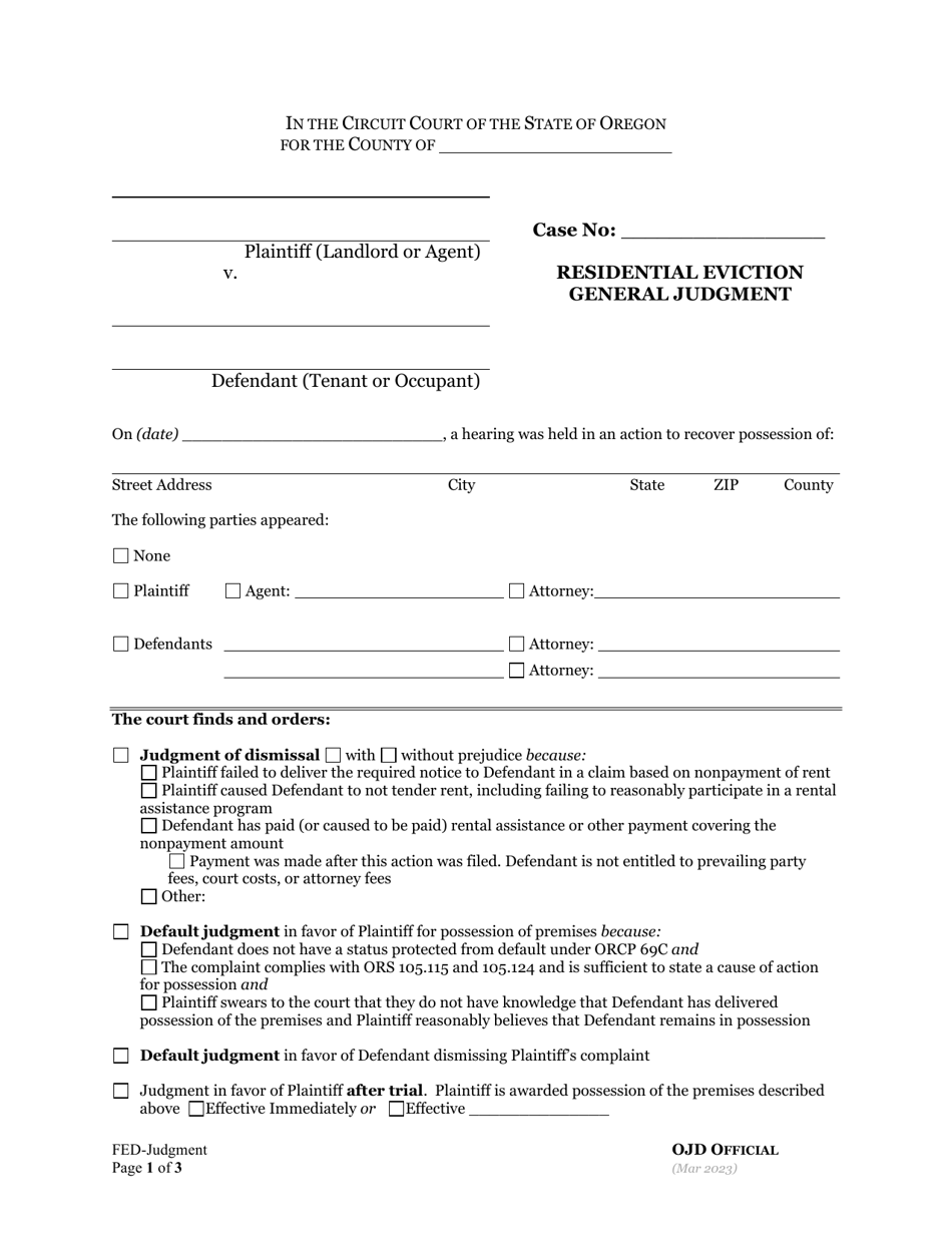 Residential Eviction General Judgment - Oregon, Page 1