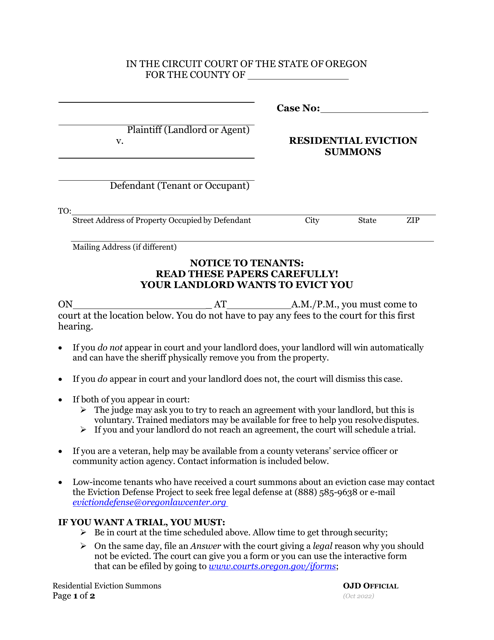 Residential Eviction Summons - Oregon Download Pdf