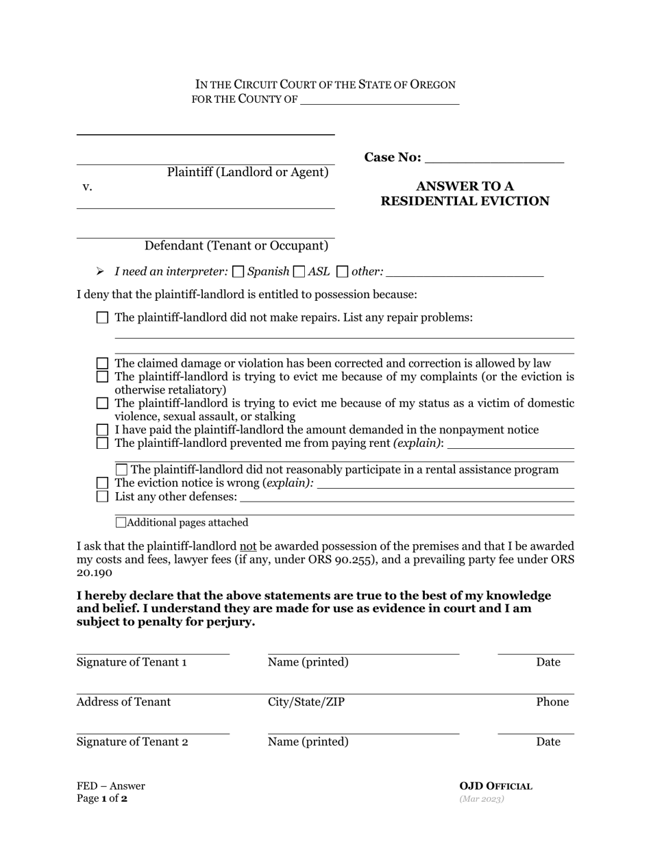 Answer to a Residential Eviction - Oregon, Page 1