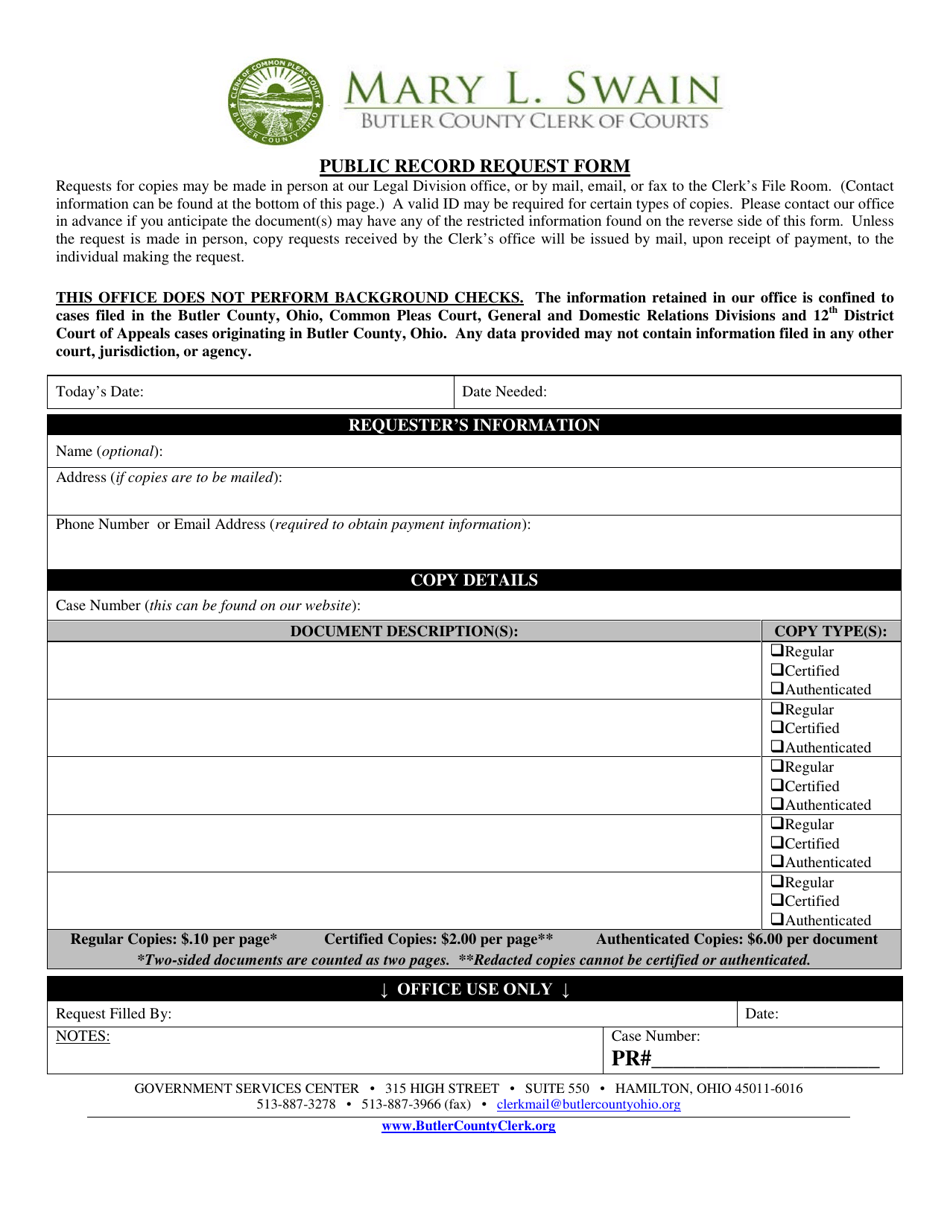 Public Record Request Form - Butler County, Ohio, Page 1