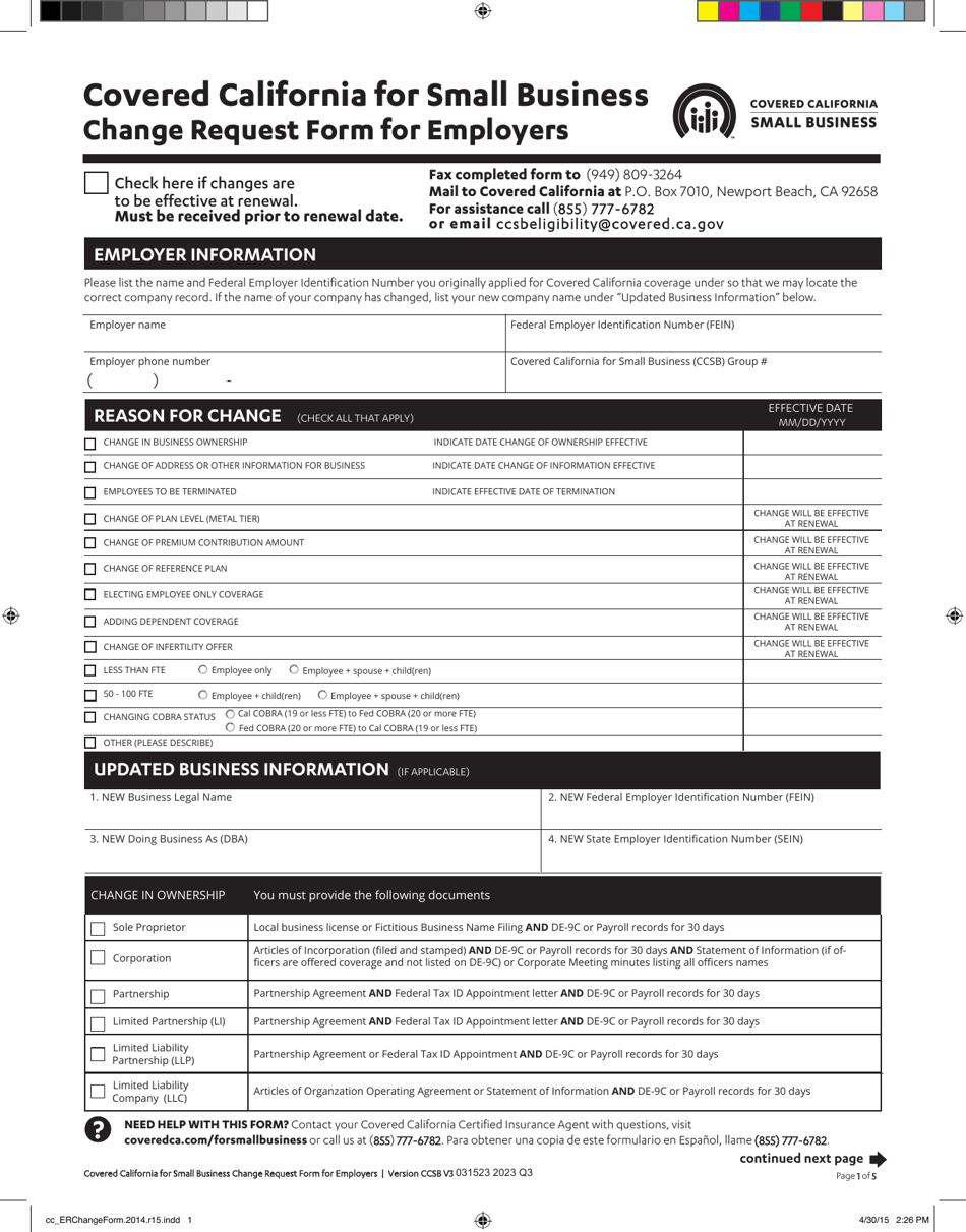 2023 california change request form for employers download fillable pdf