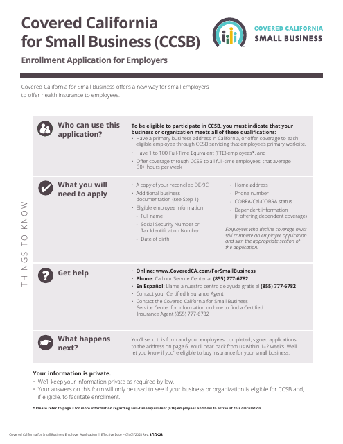 Covered California for Small Business (Ccsb) Enrollment Application for Employers - California Download Pdf