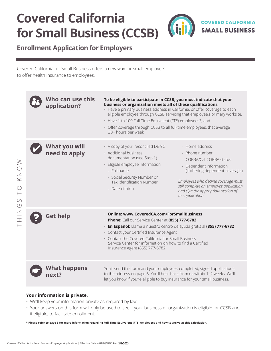 Covered California for Small Business (Ccsb) Enrollment Application for Employers - California, Page 1