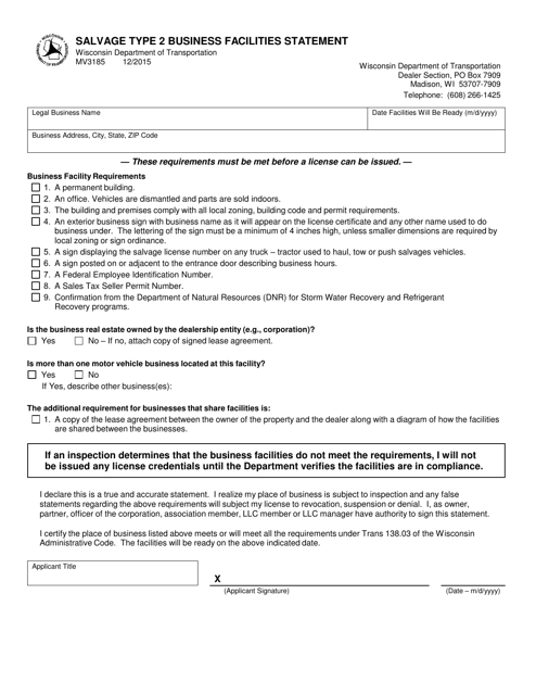 Form MV3185 Salvage Type 2 Business Facilities Statement - Wisconsin
