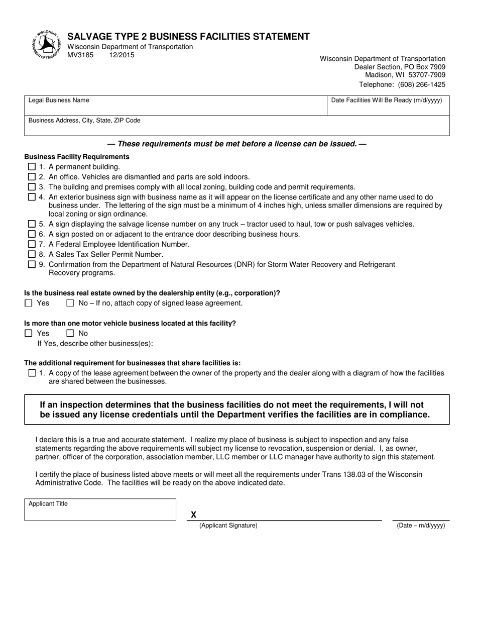 Form MV3185 Salvage Type 2 Business Facilities Statement - Wisconsin, Page 1