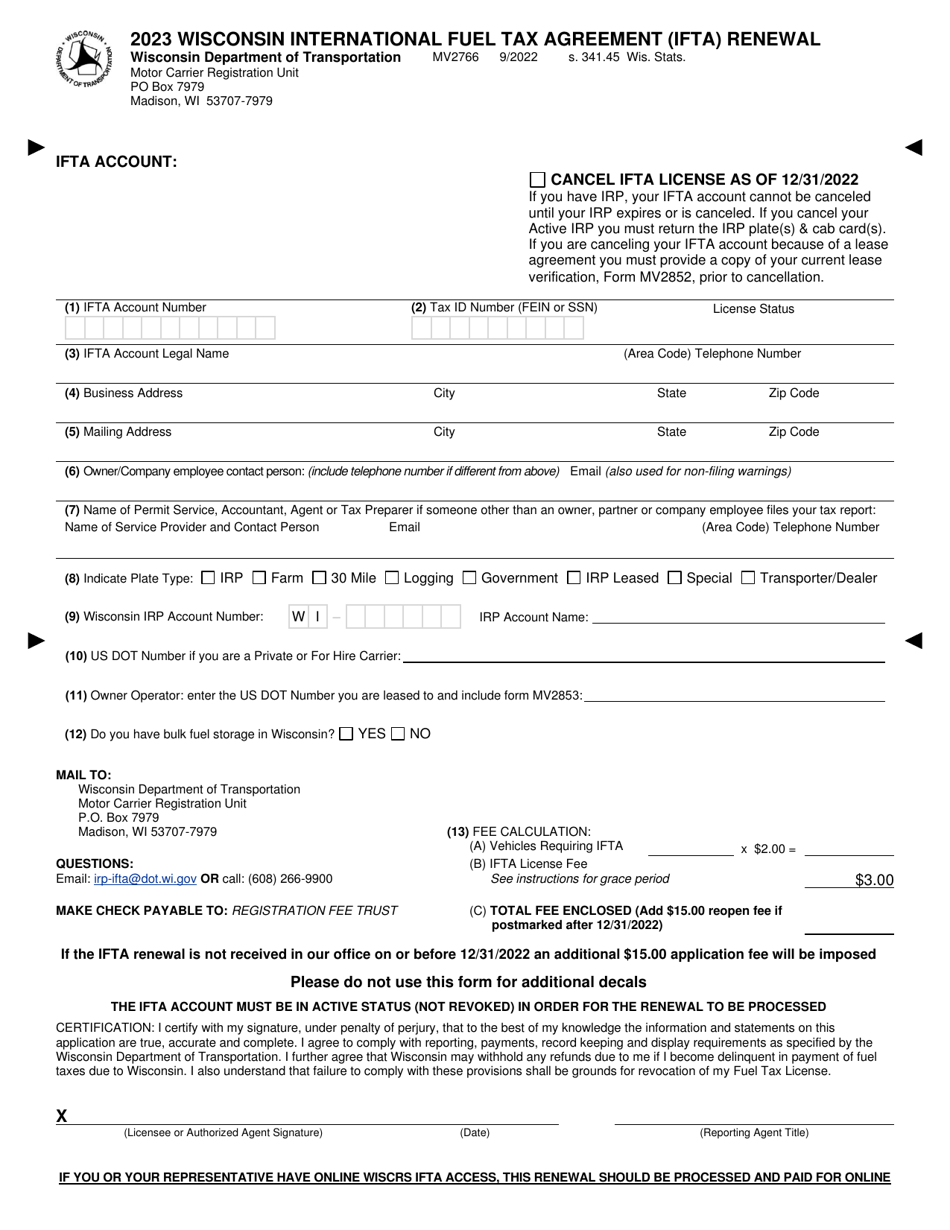 Form MV2766 Wisconsin International Fuel Tax Agreement (Ifta) Renewal - Wisconsin, Page 2