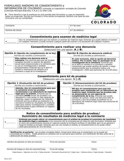 Formulario Anonimo De Consentimiento E Informacion De Colorado - Colorado (Spanish)