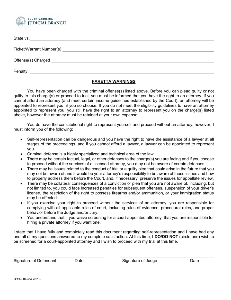 Form SCCA684 Faretta Warnings - South Carolina, Page 1