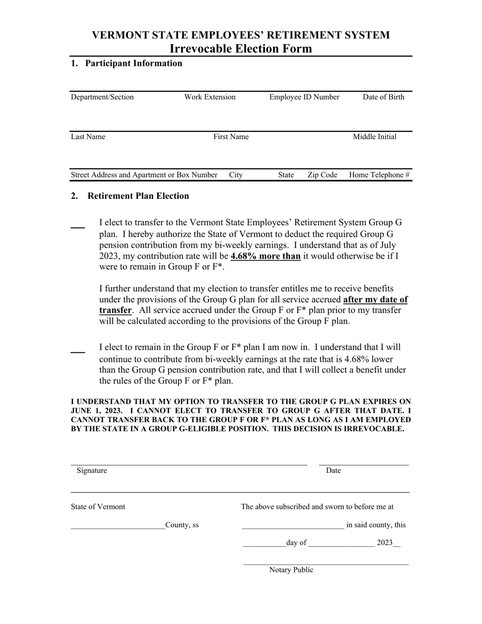Irrevocable Election Form - Vermont, Page 1