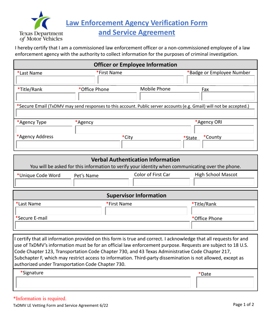 Law Enforcement Agency Verification Form and Service Agreement - Texas, Page 1