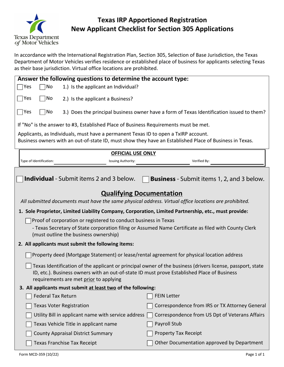 Form MCD-359 Texas Irp Apportioned Registration New Applicant Checklist for Section 305 Applications - Texas, Page 1