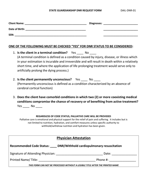 Form DAIL-DNR-01 State Guardianship DNR Request Form - Kentucky