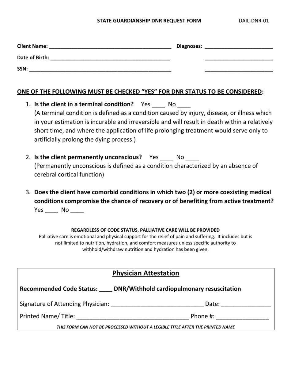 Form DAIL-DNR-01 State Guardianship DNR Request Form - Kentucky, Page 1
