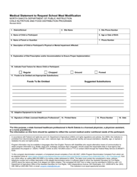 Document preview: Medical Statement to Request School Meal Modification - Child Nutrition and Food Distribution Programs - North Dakota