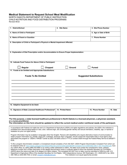 Medical Statement to Request School Meal Modification - Child Nutrition and Food Distribution Programs - North Dakota Download Pdf