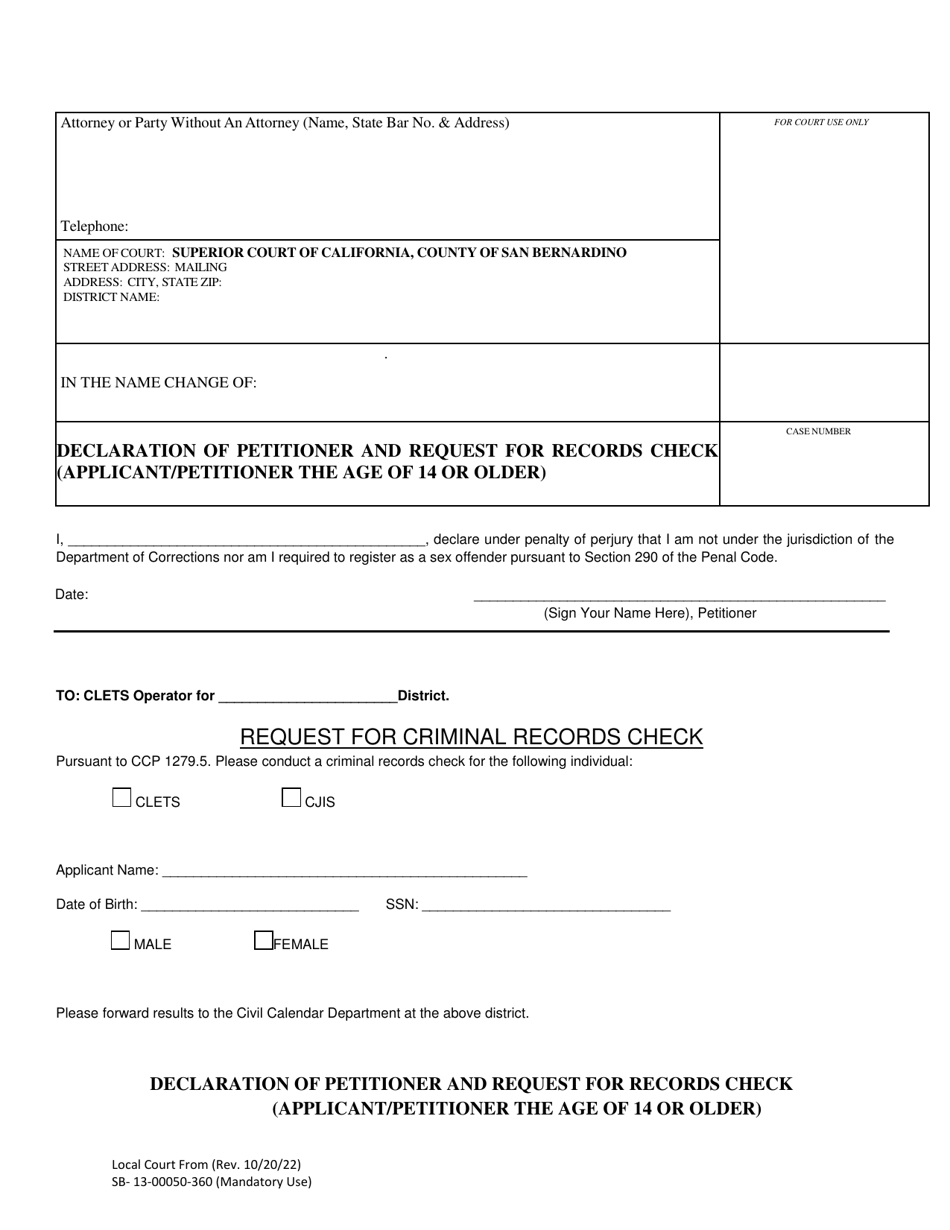 Form SB-13-00050-360 Declaration of Petitioner and Request for Records Check (Applicant / Petitioner the Age of 14 or Older) - San Bernardino County, California, Page 1