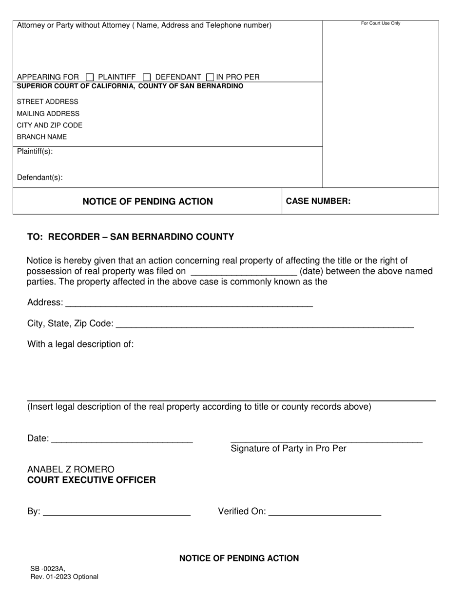 Form SB-0023A Notice of Pending Action - County of San Bernardino, California, Page 1