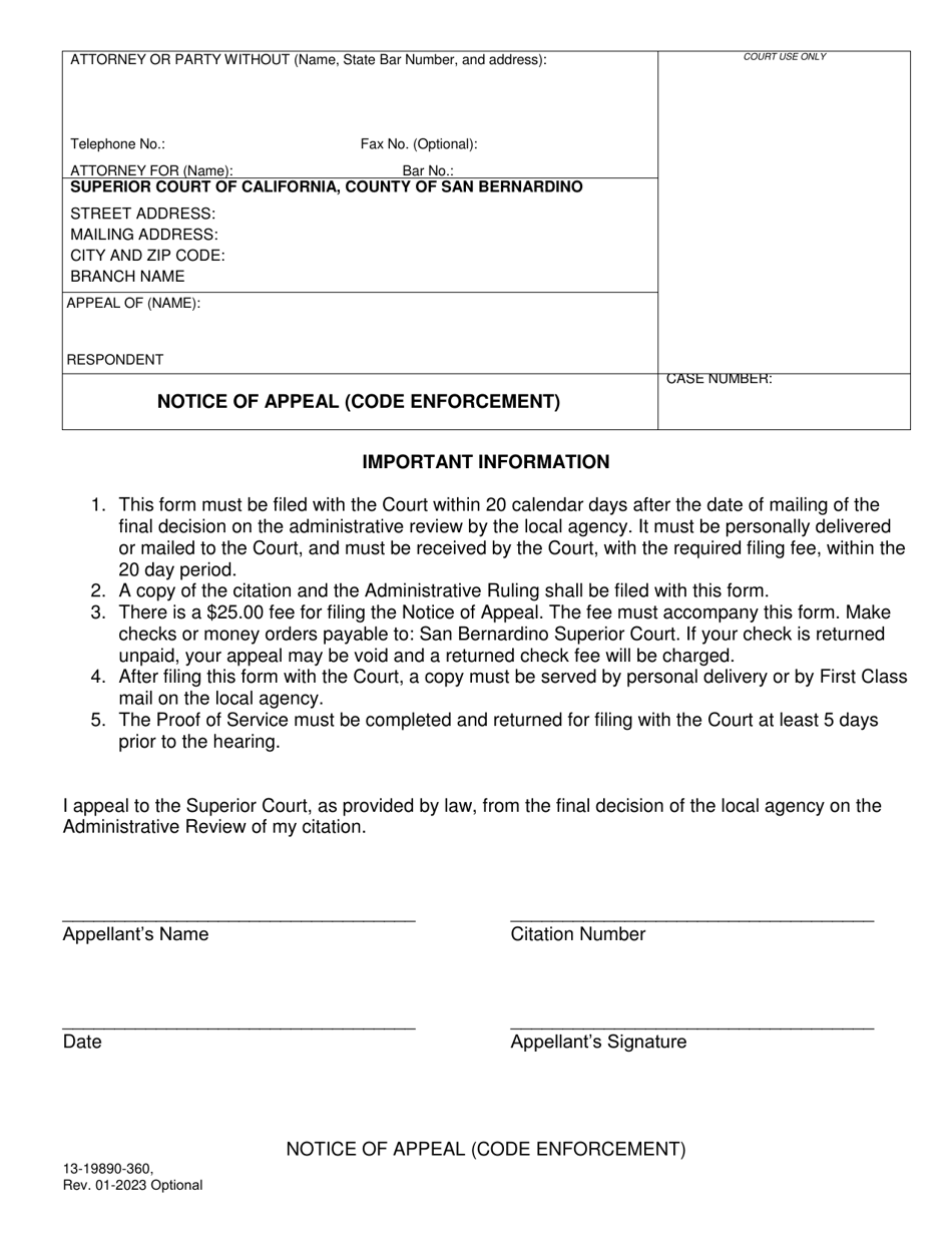 Form 13-19890-360 Notice of Appeal (Code Enforcement) - County of San Bernardino, California, Page 1
