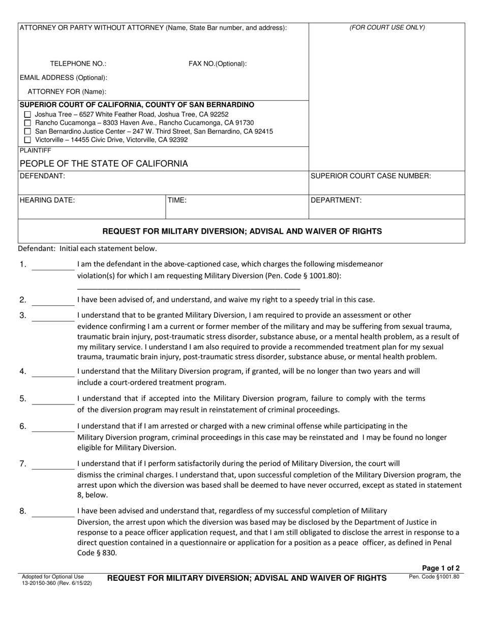 Form 13-20150-360 Request for Military Diversion; Advisal and Waiver of Rights - County of San Bernardino, California, Page 1