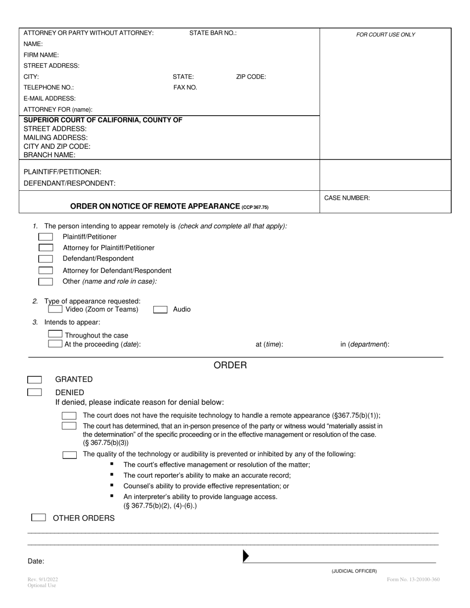 Form 13-20100-360 Order on Notice of Remote Appearance - County of San Bernardino, California, Page 1