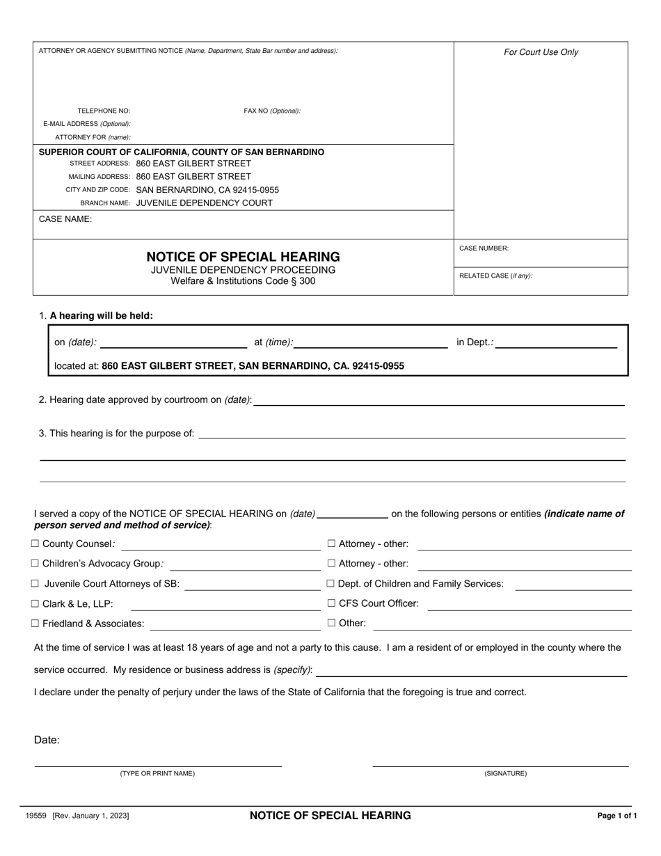 Form 19559 Notice of Special Hearing - County of San Bernardino, California, Page 1