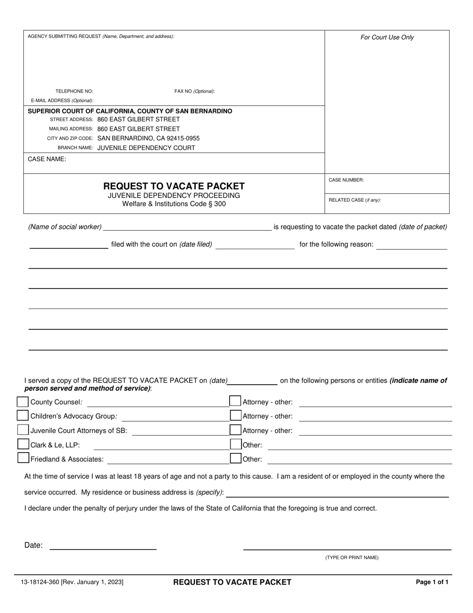 Form 13-18124-360 Request to Vacate Packet - County of San Bernardino, California, Page 1