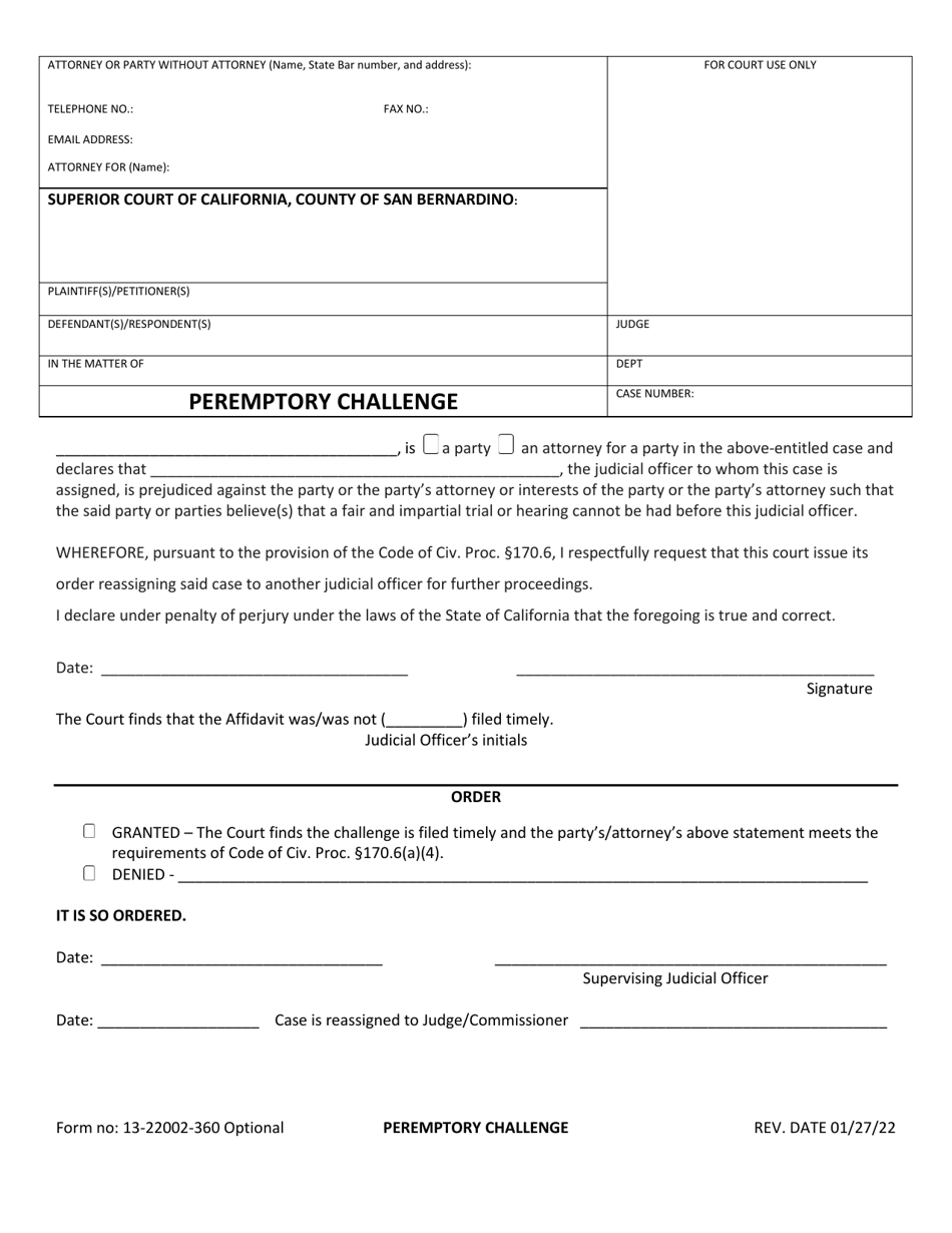Form 13-22002-360 Peremptory Challenge - County of San Bernardino, California, Page 1